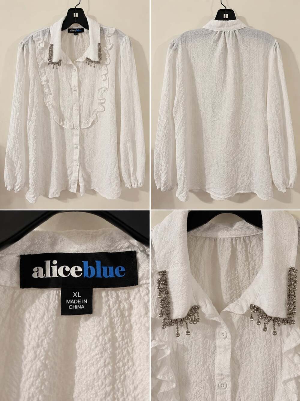 Alice Blue White Textured Button Down Blouse with Rhinestone Collar and Ruffles